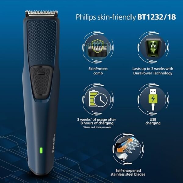 Philips Battery Powered SkinProtect Beard Trimmer for Men - Lasts 4x Longer, DuraPower Technology, Cordless Rechargeable with USB Charging, Charging Indicator, Travel Lock, No Oil Needed BT1232/18 - Image 8