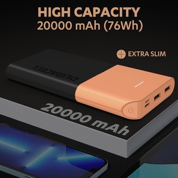 Duracell 20000 MAH Slimmest Power Bank with 1 Type C PD and 2 USB A Port, 22.5W Fast Charging Portable Charger to Charges 3 Devices Simultaneously for iPhones, Android Phones, Smart Watches & More - Image 6